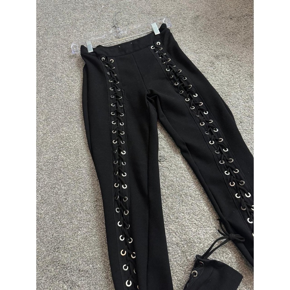 Black Stretch Lace Up Grommet Front Pants Women Size Medium Slim Fit Leggings - Picture 6 of 7